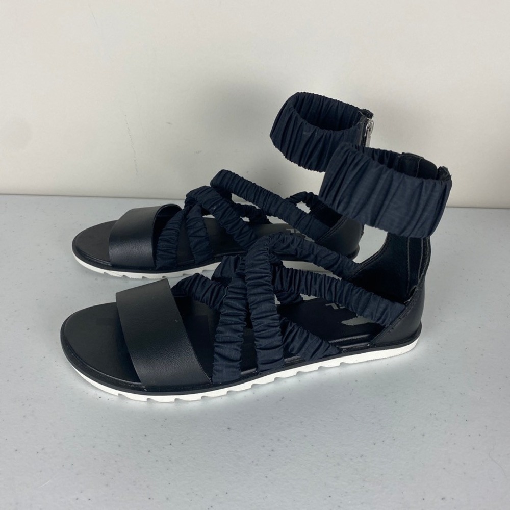 SOREL Ella II Ankle Strap Sandals Women 7.5 Black Sporty Ruched Gladiator - Picture 2 of 7